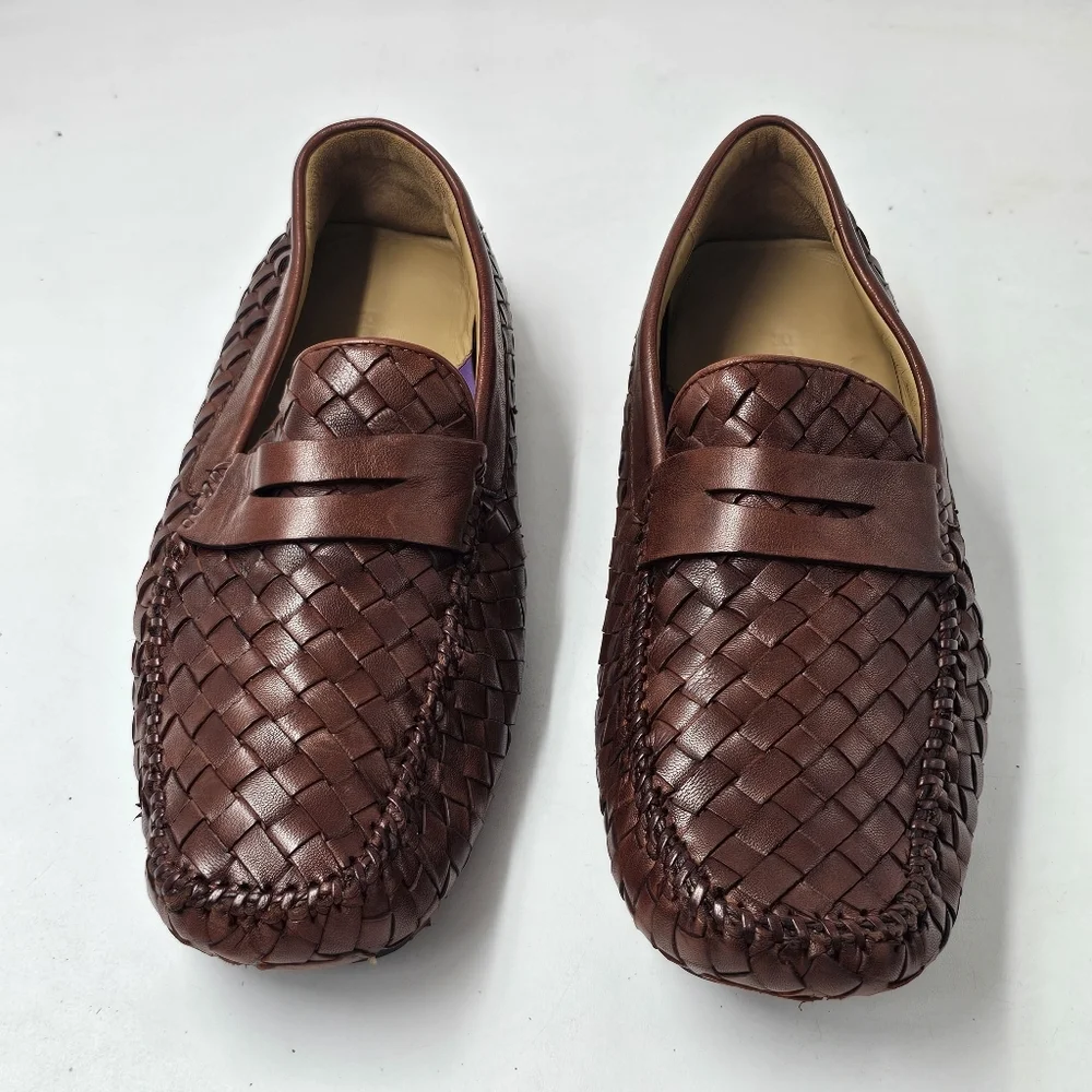 Robert Zur San Tropez Woven Leather Penny Loafers Cognac Mens Size 8 Driver